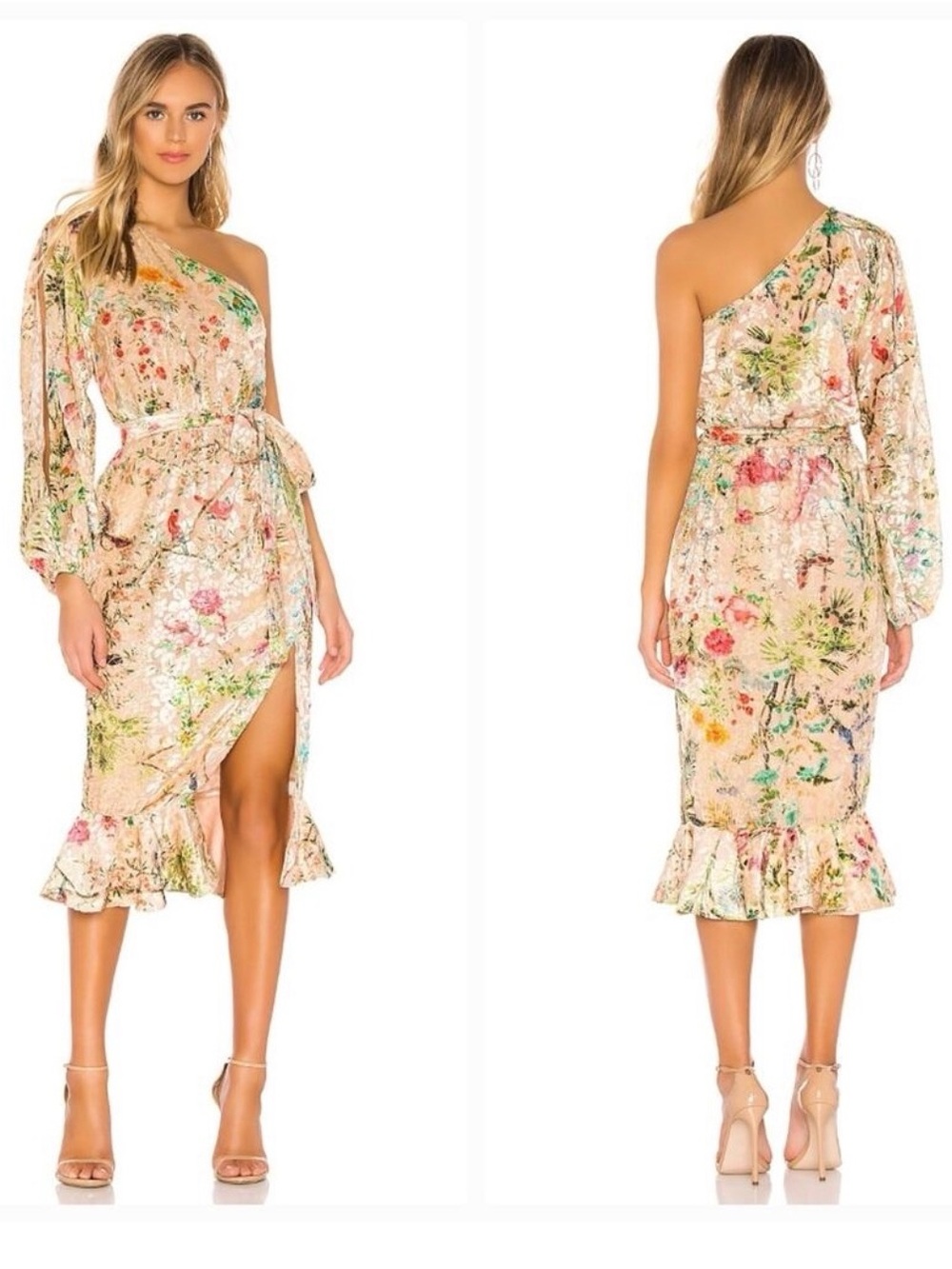 💕 HEMANT & NANDITA One-Shoulder Floral Ruffle Midi Dress - Beige Multi